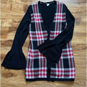 VENUS BELL SLEEVED CARDIGAN - BLACK & RED PLAID - SZ S